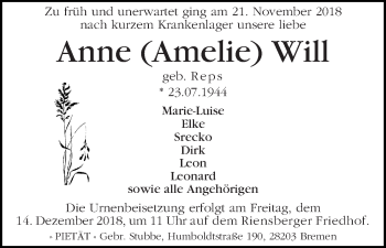 Traueranzeige von Anne (Amelie) Will