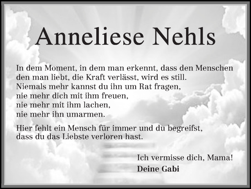  Traueranzeige für Anneliese Nehls vom 17.12.2018 aus Die Norddeutsche
