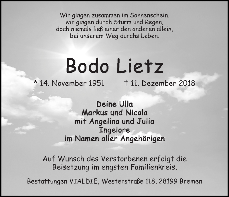  Traueranzeige für Bodo Lietz vom 15.12.2018 aus WESER-KURIER