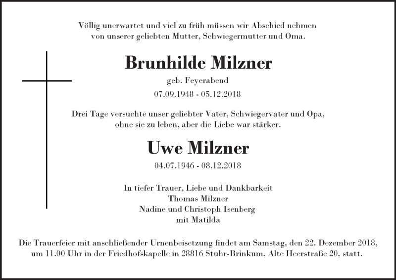 Traueranzeige von Brunhilde  und Uwe Milzner von Regionale Rundschau/Syker Kurier