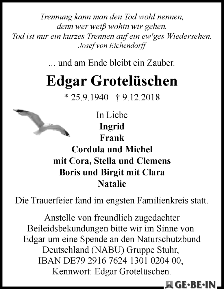  Traueranzeige für Edgar Grotelüschen vom 22.12.2018 aus WESER-KURIER