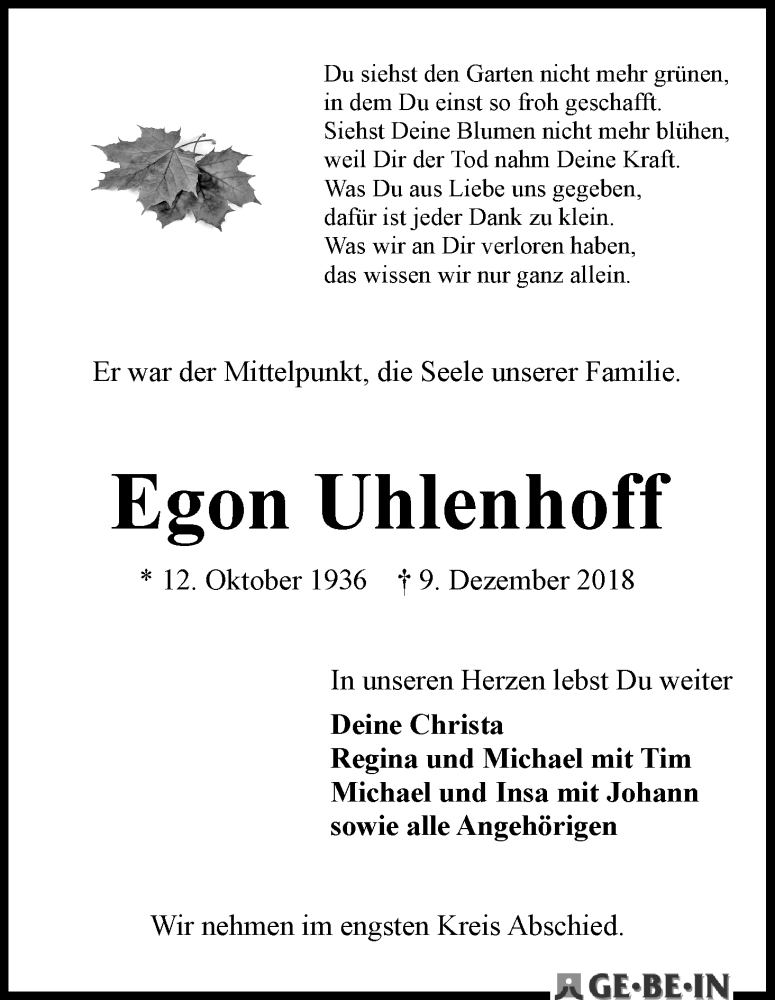  Traueranzeige für Egon Uhlenhoff vom 14.12.2018 aus Die Norddeutsche