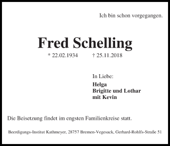 Traueranzeige von Fred Schelling