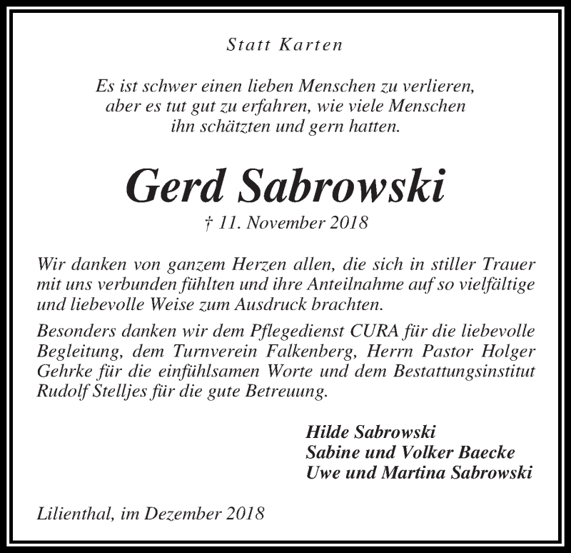  Traueranzeige für Gerd Sabrowski vom 08.12.2018 aus Wuemme Zeitung