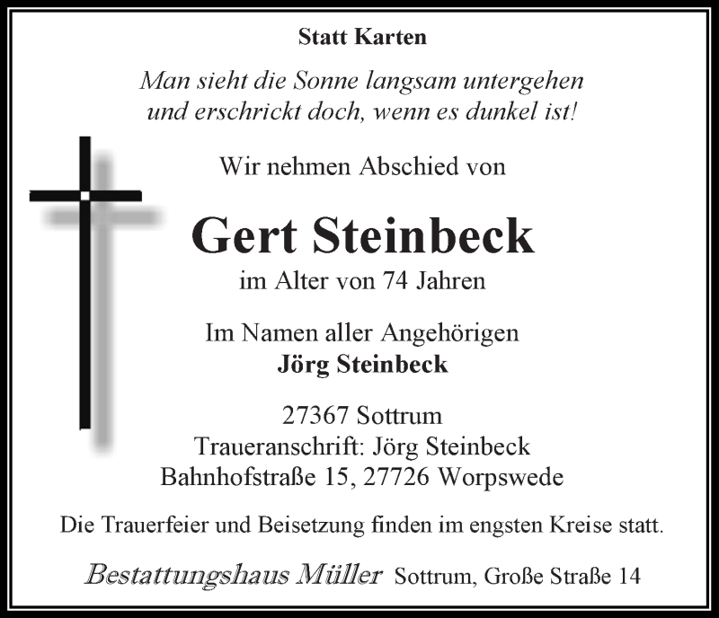 Traueranzeige von Gert Steinbeck von Die Norddeutsche