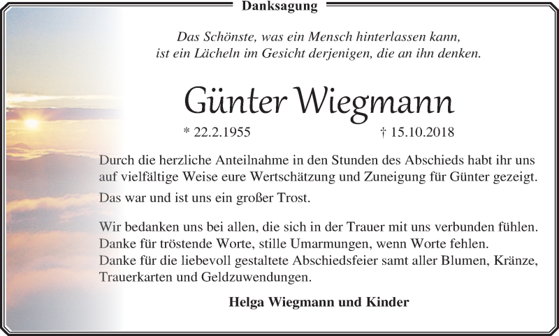  Traueranzeige für Günter Wiegmann vom 08.12.2018 aus Wuemme Zeitung