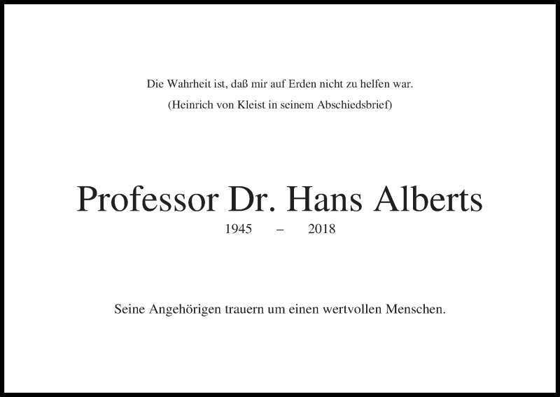 Traueranzeige von Hans Albers von WESER-KURIER