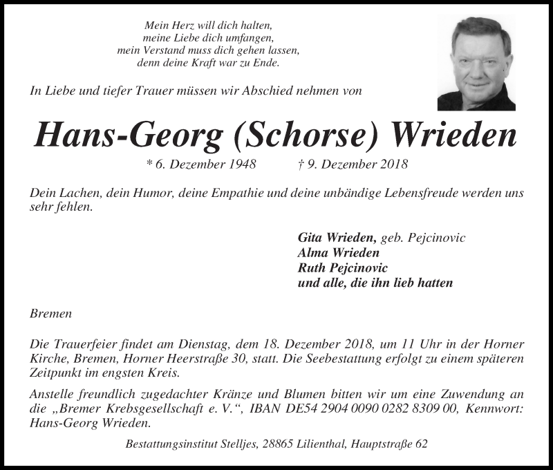  Traueranzeige für Hans-Georg (Schorse) Wrieden vom 13.12.2018 aus WESER-KURIER