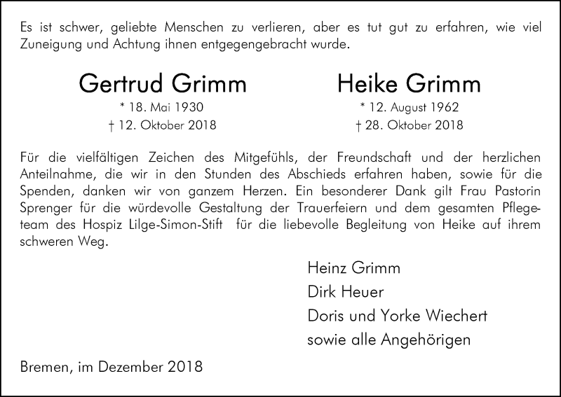 Traueranzeige von Heike und Gertrud Grimm von WESER-KURIER