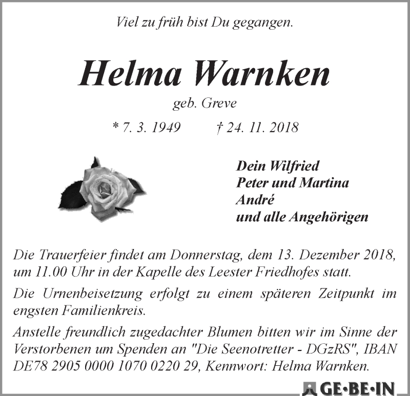  Traueranzeige für Helma Warnken vom 05.12.2018 aus WESER-KURIER