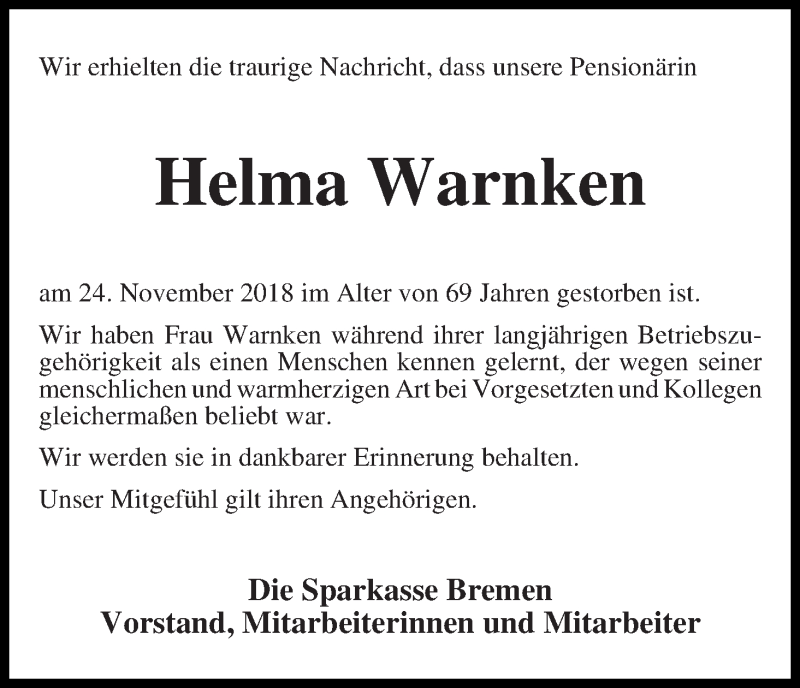  Traueranzeige für Helma Warnken vom 05.12.2018 aus WESER-KURIER