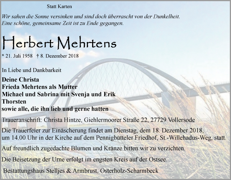  Traueranzeige für Herbert Mehrtens vom 13.12.2018 aus Osterholzer Kreisblatt