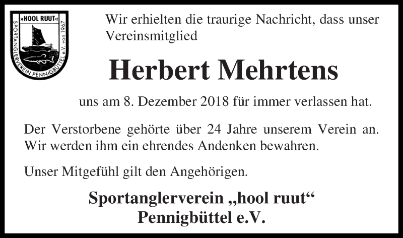  Traueranzeige für Herbert Mehrtens vom 14.12.2018 aus Osterholzer Kreisblatt