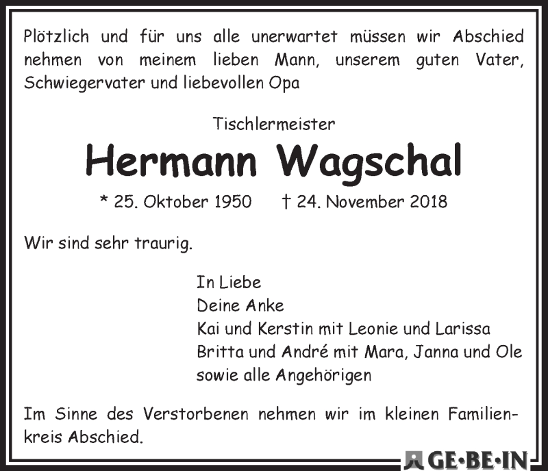  Traueranzeige für Hermann Wagschal vom 01.12.2018 aus Die Norddeutsche