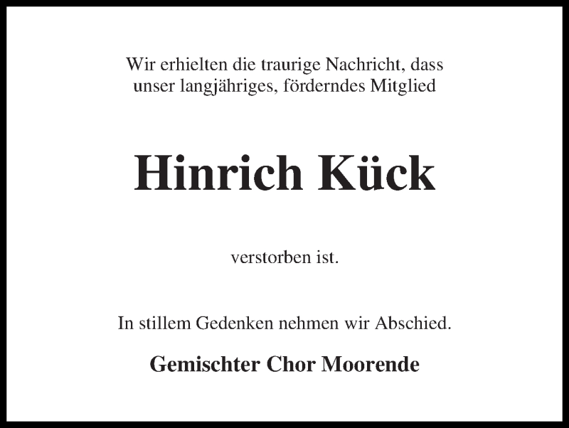  Traueranzeige für Hinrich Kück vom 12.12.2018 aus Wuemme Zeitung