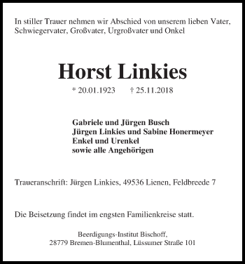 Traueranzeige von Horst Linkies