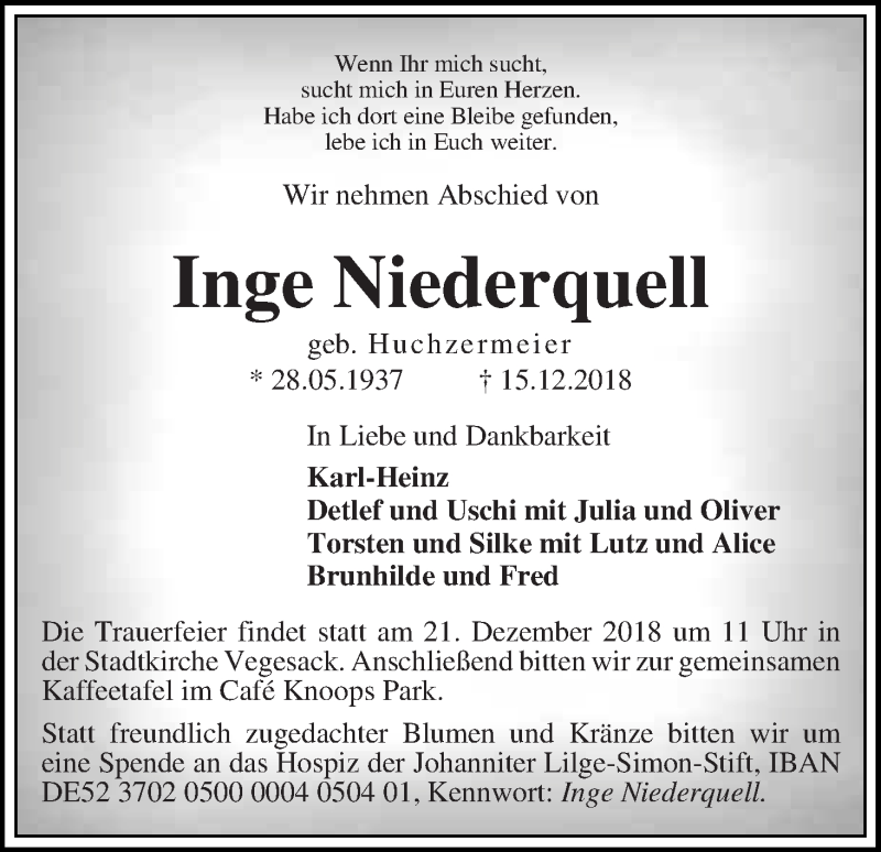  Traueranzeige für Inge Niederquell vom 19.12.2018 aus Die Norddeutsche