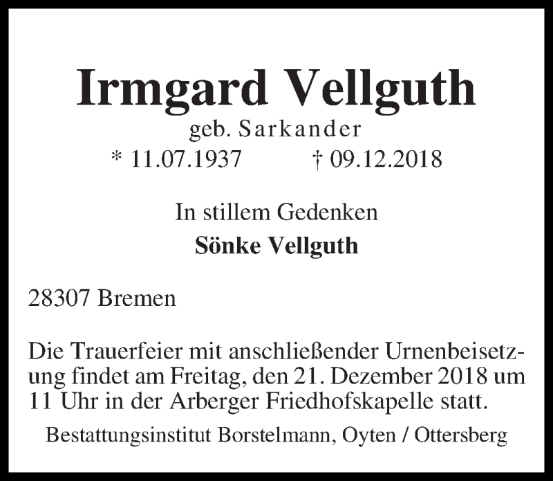  Traueranzeige für Irmgard Vellguth vom 17.12.2018 aus WESER-KURIER