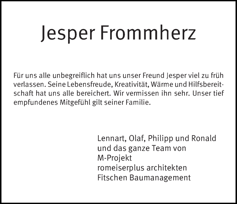  Traueranzeige für Jesper Frommherz vom 05.12.2018 aus Die Norddeutsche