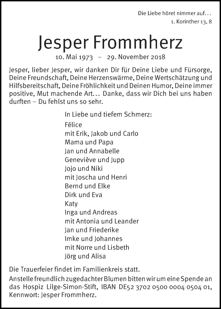  Traueranzeige für Jesper Frommherz vom 05.12.2018 aus Die Norddeutsche