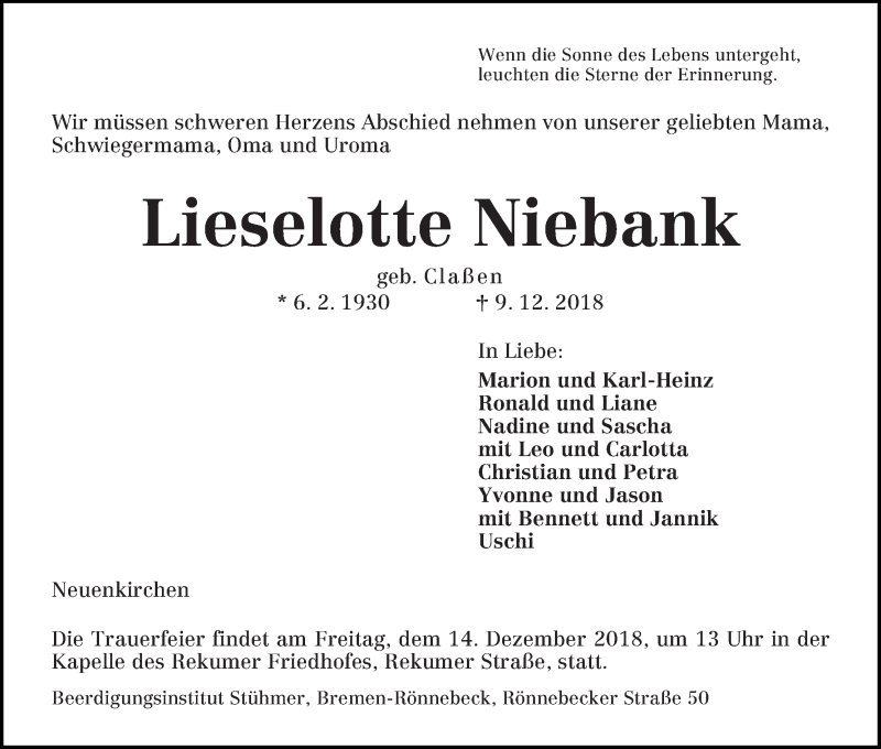 Traueranzeige von Lieselotte Niebank von Die Norddeutsche