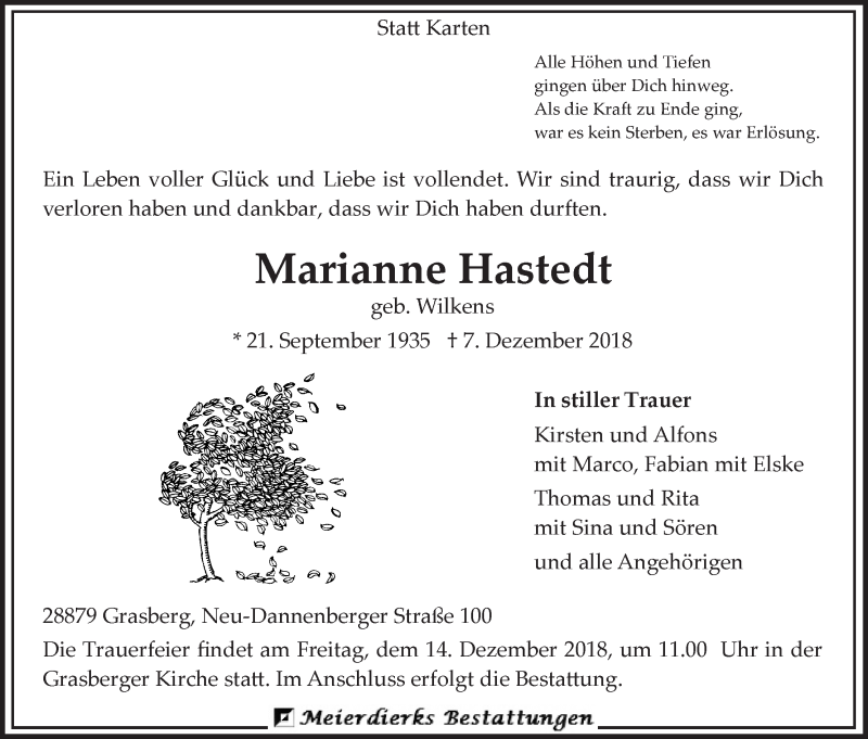  Traueranzeige für Marianne Hastedt vom 10.12.2018 aus Wuemme Zeitung