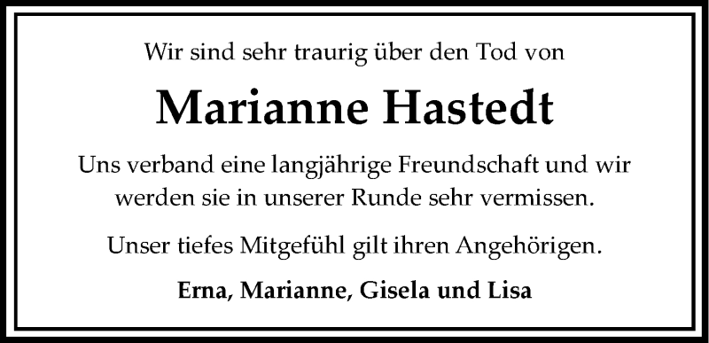  Traueranzeige für Marianne Hastedt vom 11.12.2018 aus Wuemme Zeitung