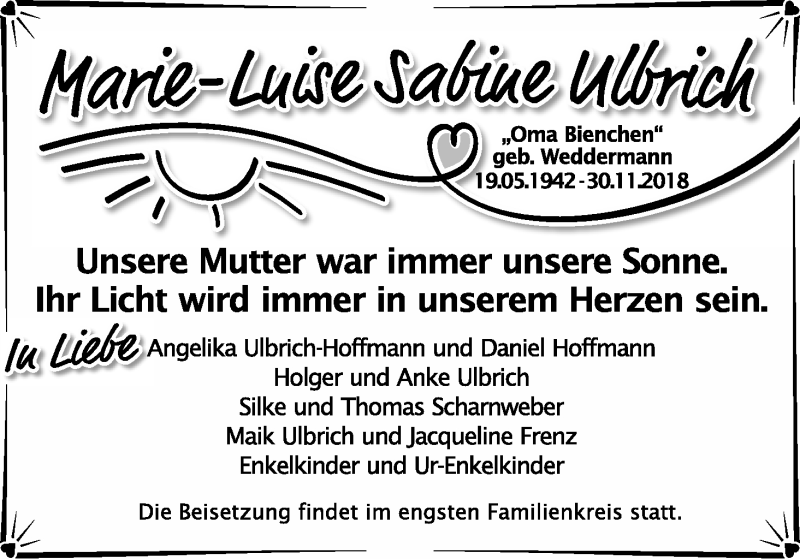  Traueranzeige für Marie-Luise Sabine Ulbrich vom 08.12.2018 aus WESER-KURIER