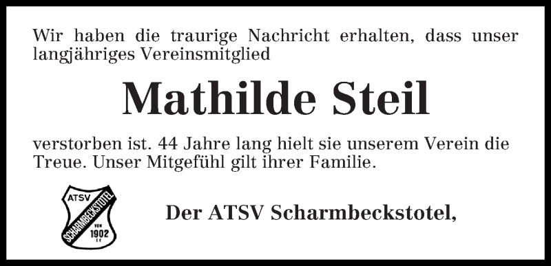 Traueranzeige von Mathilde Steil von Osterholzer Kreisblatt