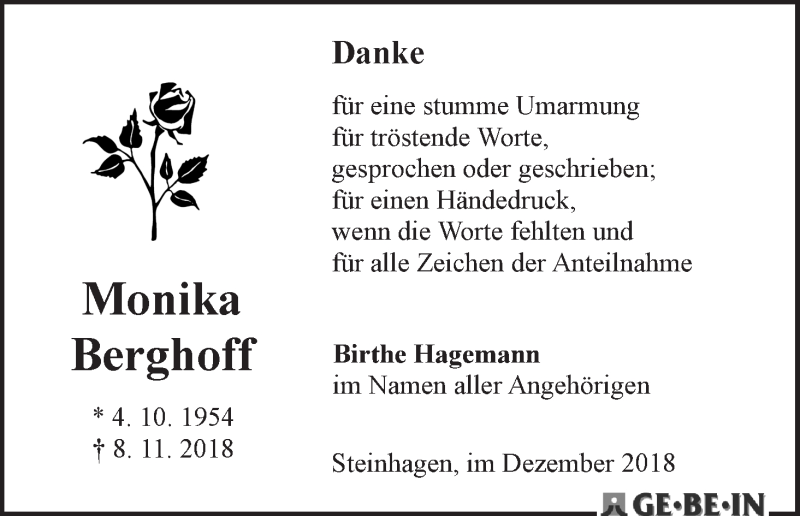  Traueranzeige für Monika Berghoff vom 22.12.2018 aus WESER-KURIER