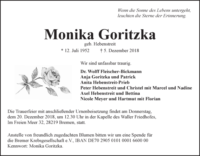  Traueranzeige für Monika Goritzka vom 08.12.2018 aus WESER-KURIER