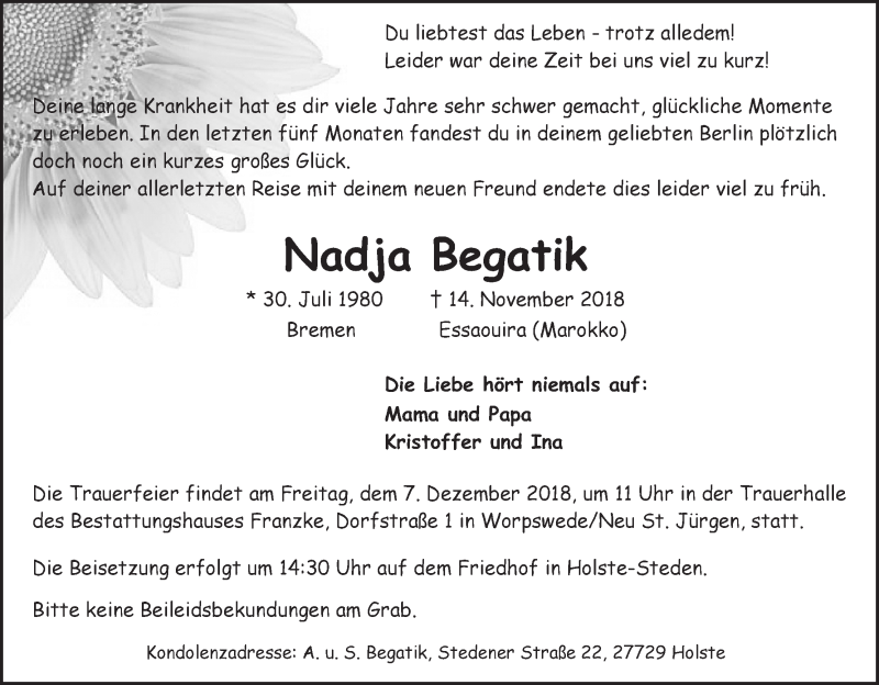  Traueranzeige für Nadja Begatik vom 01.12.2018 aus Osterholzer Kreisblatt