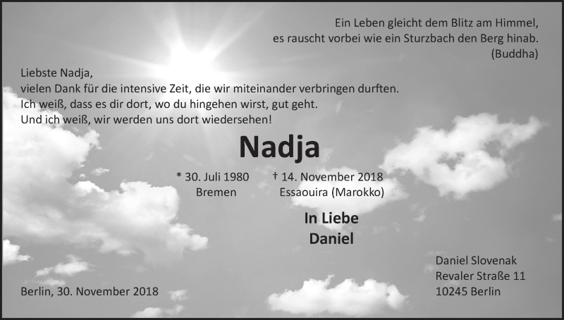  Traueranzeige für Nadja Begatik vom 01.12.2018 aus Osterholzer Kreisblatt