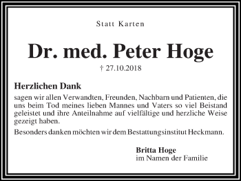 Traueranzeige von Peter Hoge