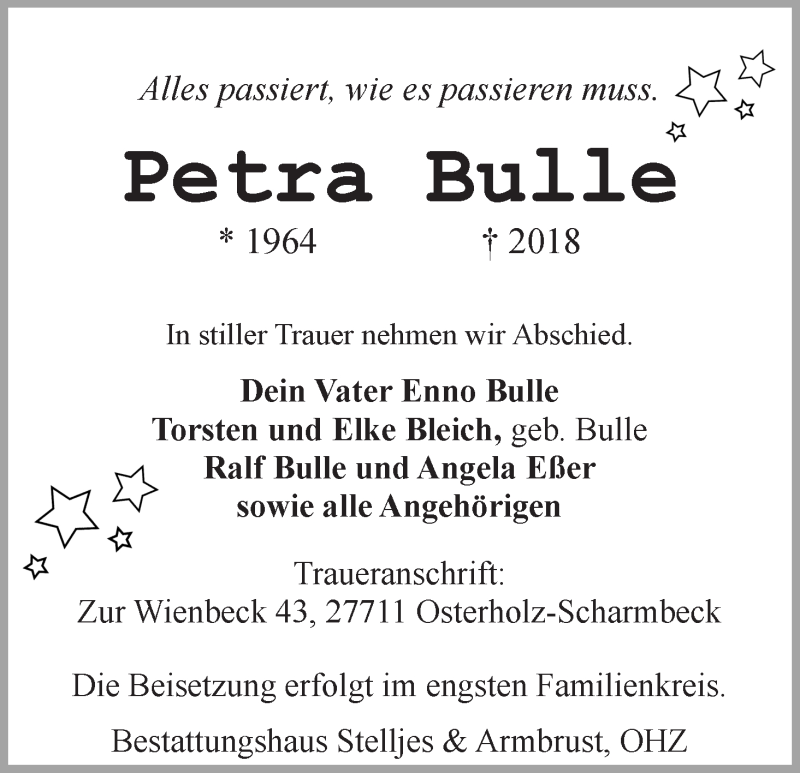 Traueranzeige von Petra Bulle von Osterholzer Kreisblatt