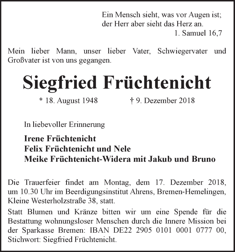  Traueranzeige für Siegfried Früchtenicht vom 12.12.2018 aus WESER-KURIER