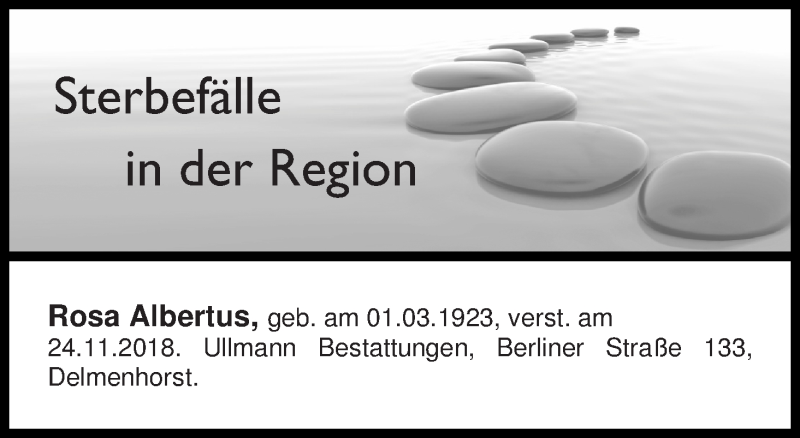 Traueranzeige von Sterbefälle in der Region Ausgabe 01.12.2018 von Delmenhorster Kurier