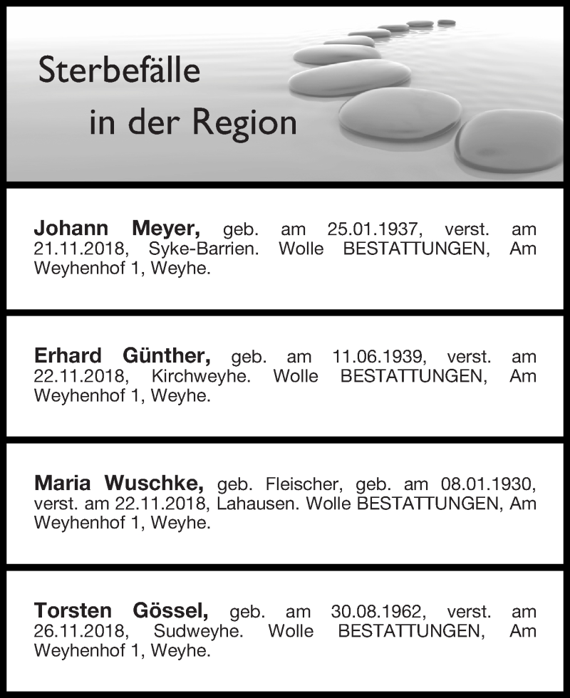 Traueranzeige von Sterbefälle in der Region Ausgabe 01.12.2018 von Regionale Rundschau/Syker Kurier