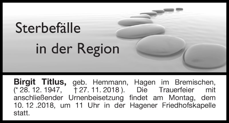 Traueranzeige von Sterbefälle in der Region Ausgabe 01.12.2018 von Osterholzer Kreisblatt