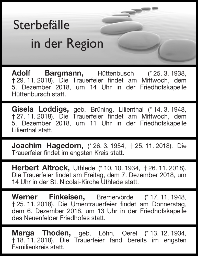 Traueranzeige von Sterbefälle in der Region Ausgabe 03.12.2018 von Osterholzer Kreisblatt