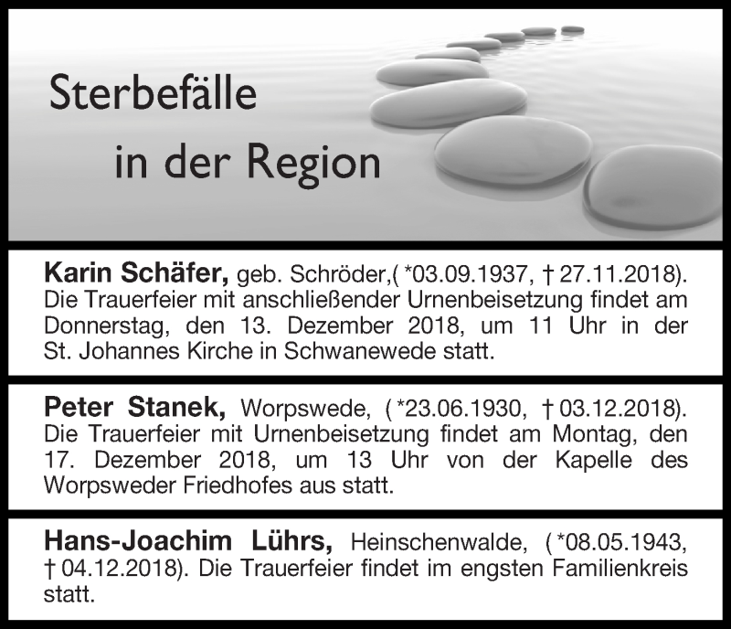 Traueranzeige von Sterbefälle in der Region Ausgabe 07.12.2018 von Osterholzer Kreisblatt