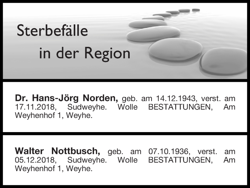 Traueranzeige von Sterbefälle in der Region  Ausgabe 08.12.2018 von Regionale Rundschau/Syker Kurier