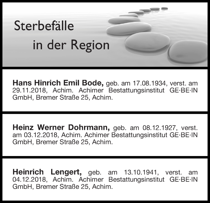 Traueranzeige von Sterbefälle in der Region  Ausgabe 08.12.2018 von Achimer Kurier/Verdener Nachrichten