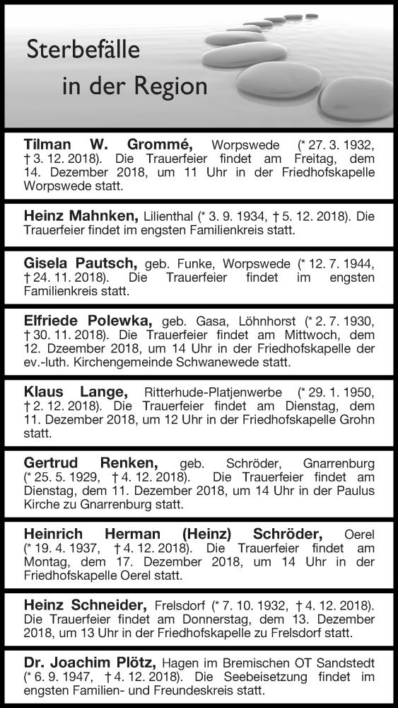 Traueranzeige von Sterbefälle in der Region Ausgabe 10.12.2018 von Osterholzer Kreisblatt