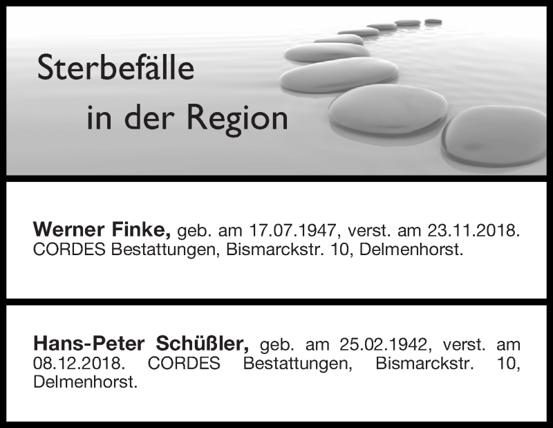 Traueranzeige von Sterbefälle in der Region Ausgabe 13.12.2018 von Delmenhorster Kurier