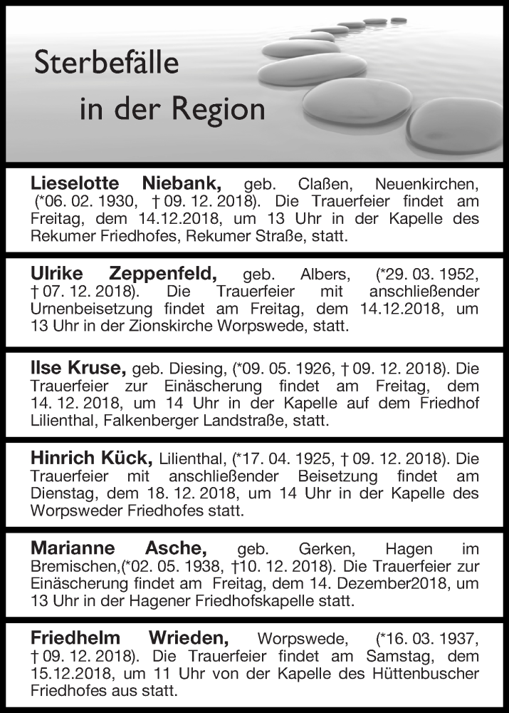 Traueranzeige von Sterbefälle in der Region Ausgabe 13.12.2018 von Osterholzer Kreisblatt