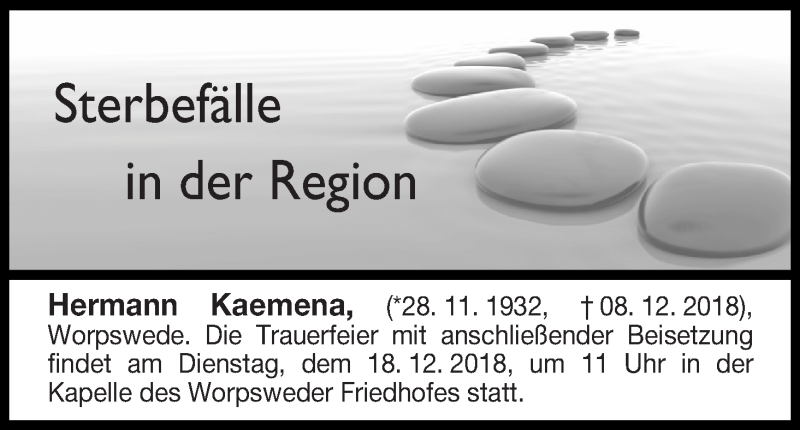 Traueranzeige von Sterbefälle in der Region Ausgabe 14.12.2018 von Osterholzer Kreisblatt