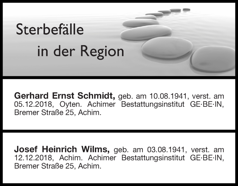 Traueranzeige von Sterbefälle in der Region Ausgabe 15.12.18 von Achimer Kurier/Verdener Nachrichten