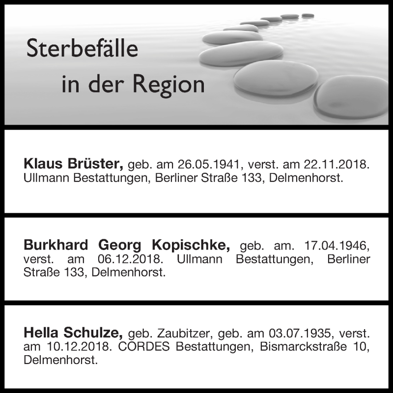 Traueranzeige von Sterbefälle in der Region Ausgabe 15.12.2018 von Delmenhorster Kurier