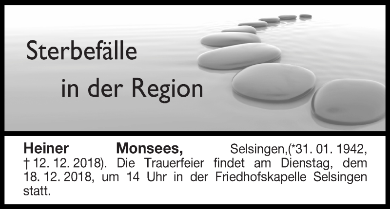 Traueranzeige von Sterbefälle in der Region Ausgabe 15.12.2018 von Osterholzer Kreisblatt